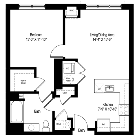 Floor plan for 1 bed, 1 bath, 791 sqft